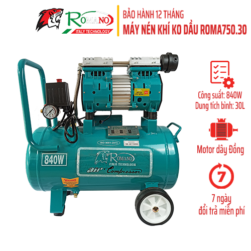 Máy nén khí không dầu Romano ROMA750.30, Công suất 840w, Bình 30L