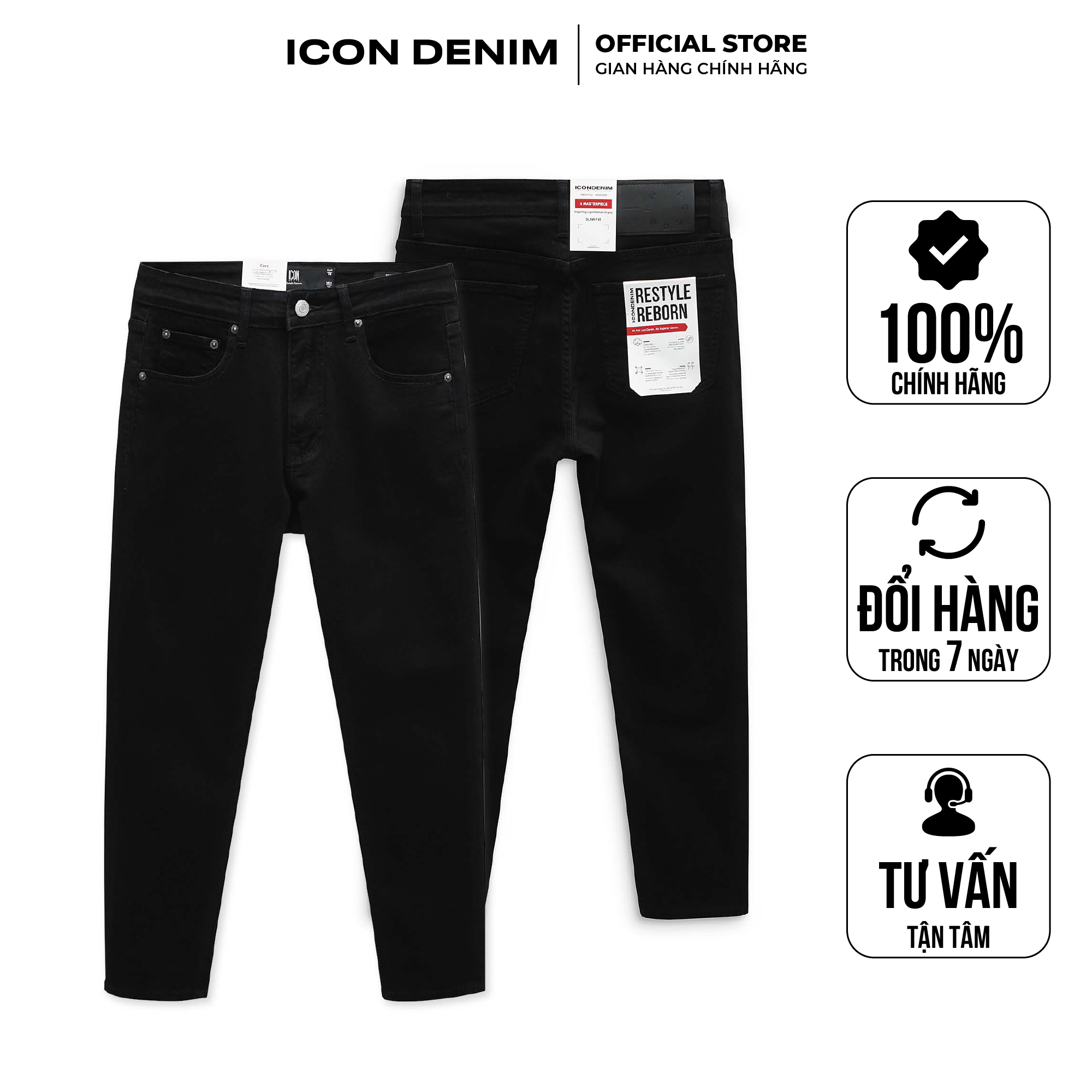 Quần jean slim-fit denim co giãn icon denim in black qjid0062