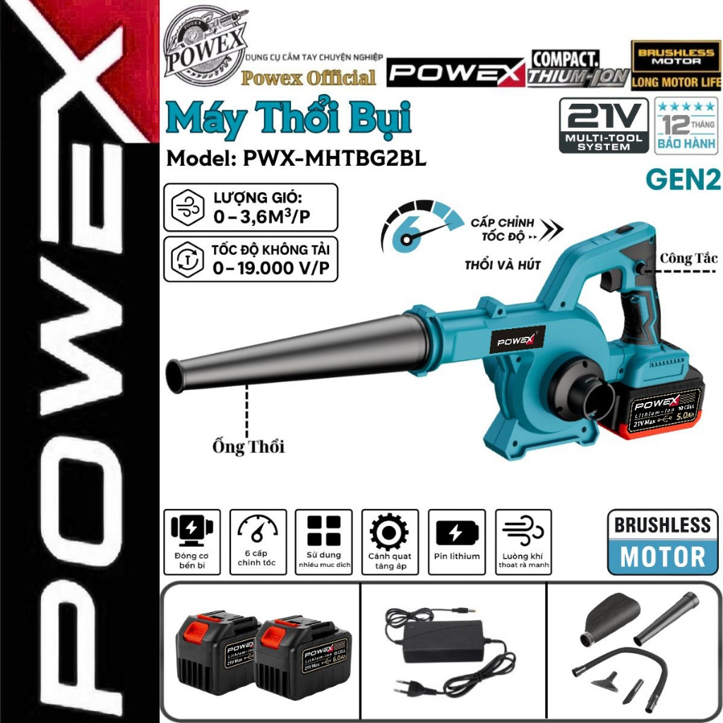 Máy thổi bụi Powex 21V PWX-MHTBG2BL, công suất lớn 1300W, 6 tốc độ chỉnh gió, máy thổi bụi hút bụi 2 trong 1