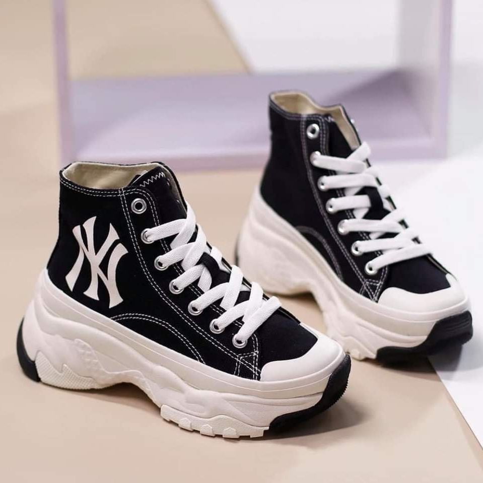 Giày Nam Nữ Sneaker M.L.B New York Yankess black white chunky high