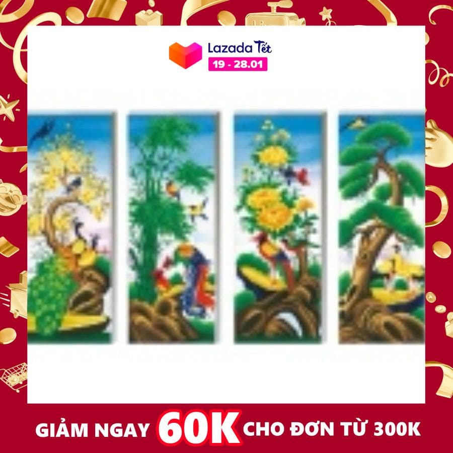 Tranh thêu chữ thập Tứ quý Mai Trúc Cúc Tùng DLH-YA1123-Ngọc Thịnh