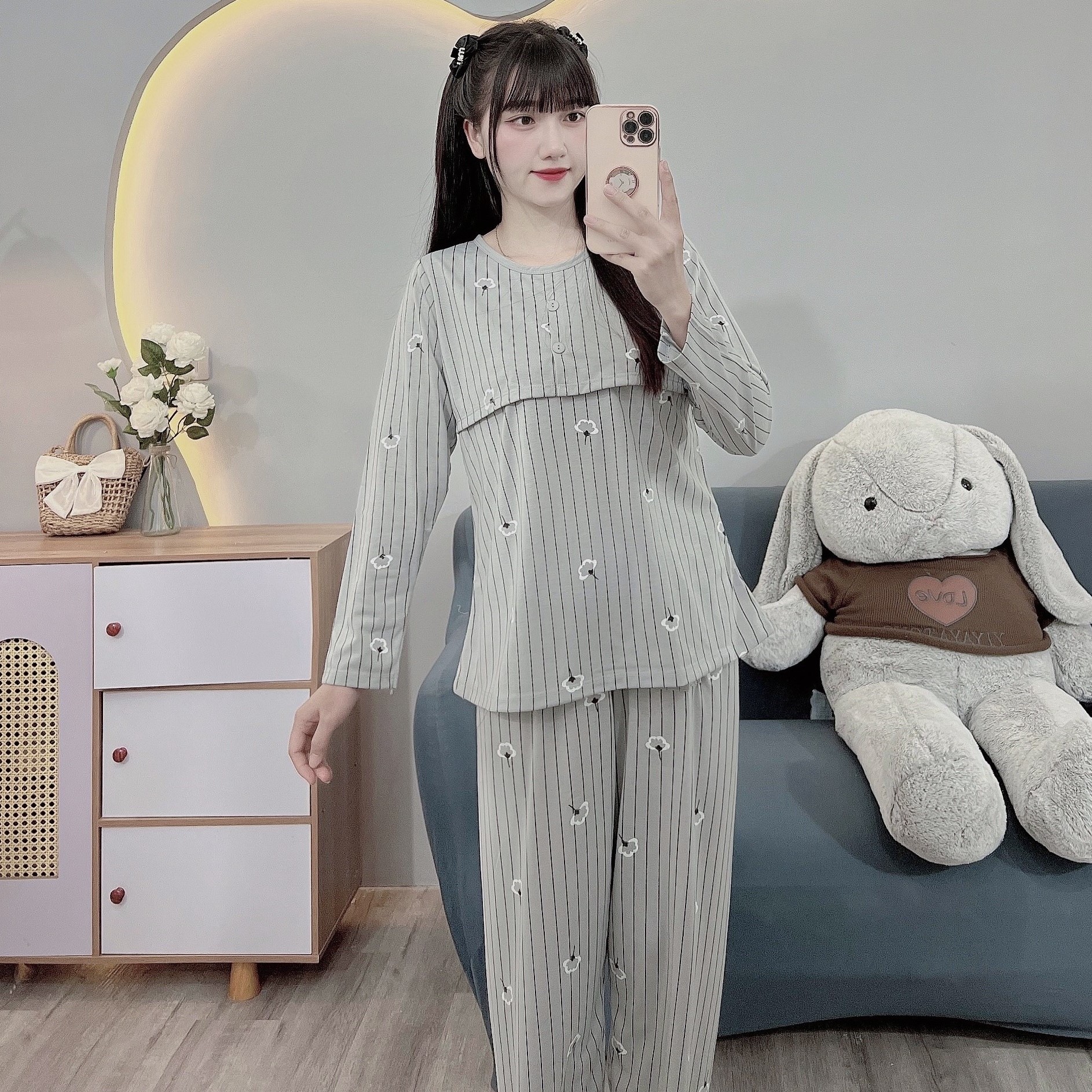 Bộ bầu - bộ sau sinh mặc nhà ( Sọc Bông - FE ) chất liệu Thun Cotton Mềm mát