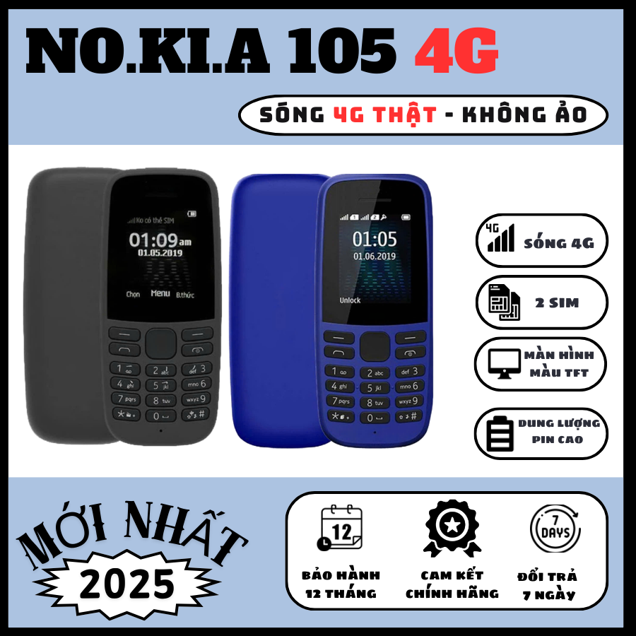 Điện Thoại NO.KI.A 105 4G, Chuẩn Của Bộ Truyền Thông, Loa To Pin Bền 7 Ngày, Đọc Số, Bàn Phím To, BH 1 Năm