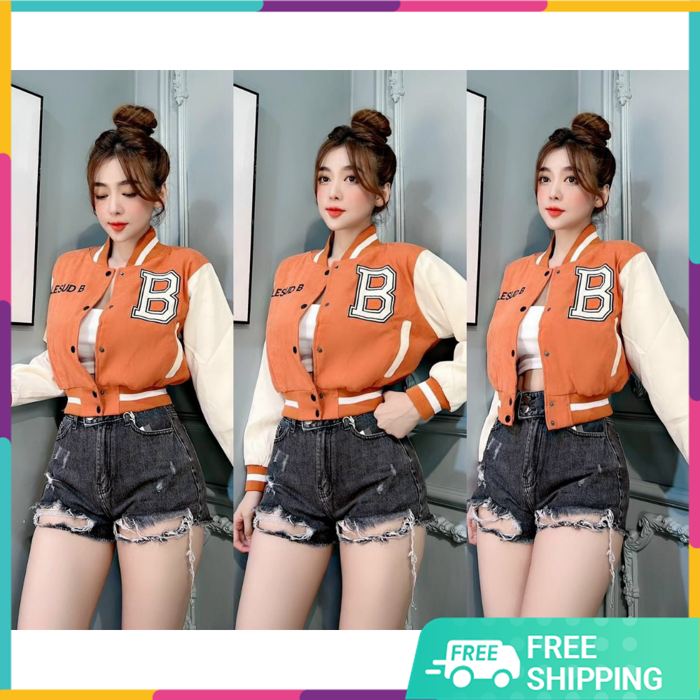Áo khoác bomber, Áo Khoác thun nỉ cao cấp thêu B from croptop thời trang nữ trẻ trung sang trảnh. TP
