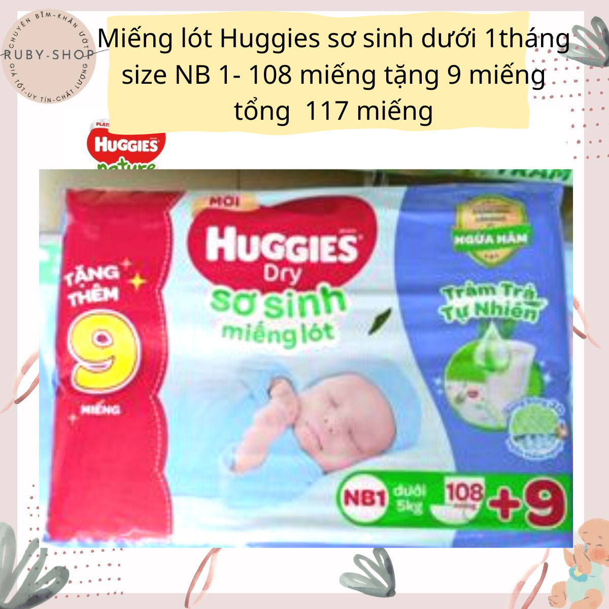 Tấm lót sơ sinh huggies newborn 1-100 miếng tặng 8 miếng tả dán