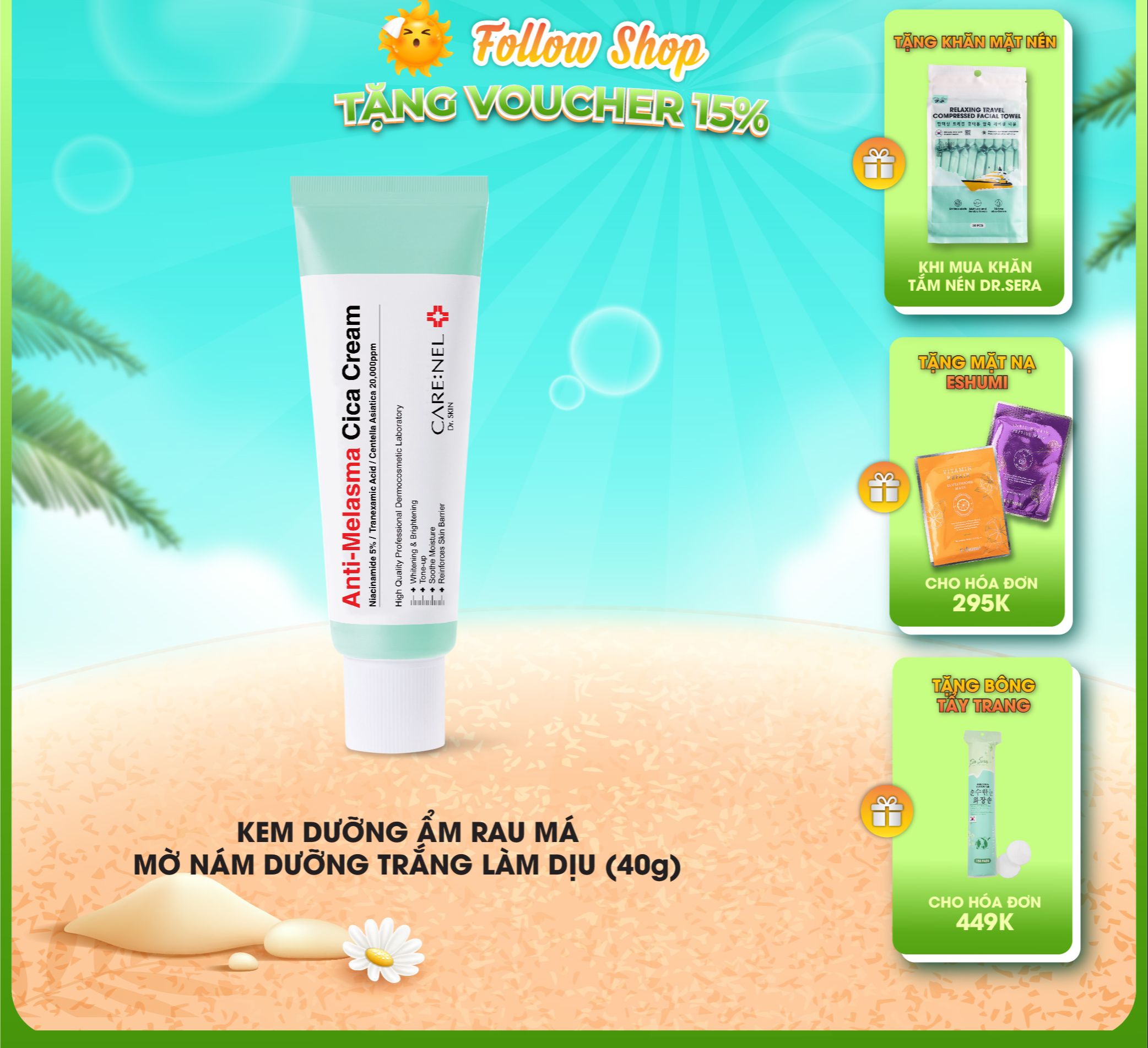 Kem dưỡng ẩm centella trắng da hàn quốc carenel melasma cica cream 40g
