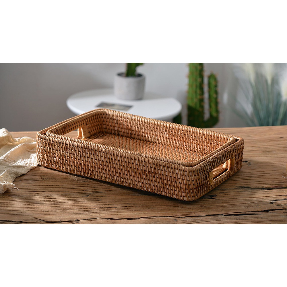 Khay mây chữ nhật ECOHUB có tay cầm đựng trà, hoa quả, đồ ăn, trang trí, để đồ dùng sắp xếp đồ vật gọn gàng.
