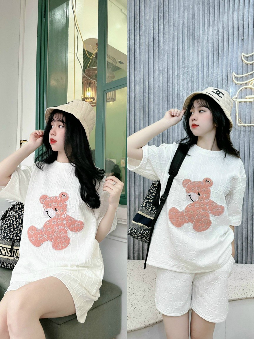 Set bộ họa tiết gấu thêu nổi chất xốp mát mẻ siêu dễ thương