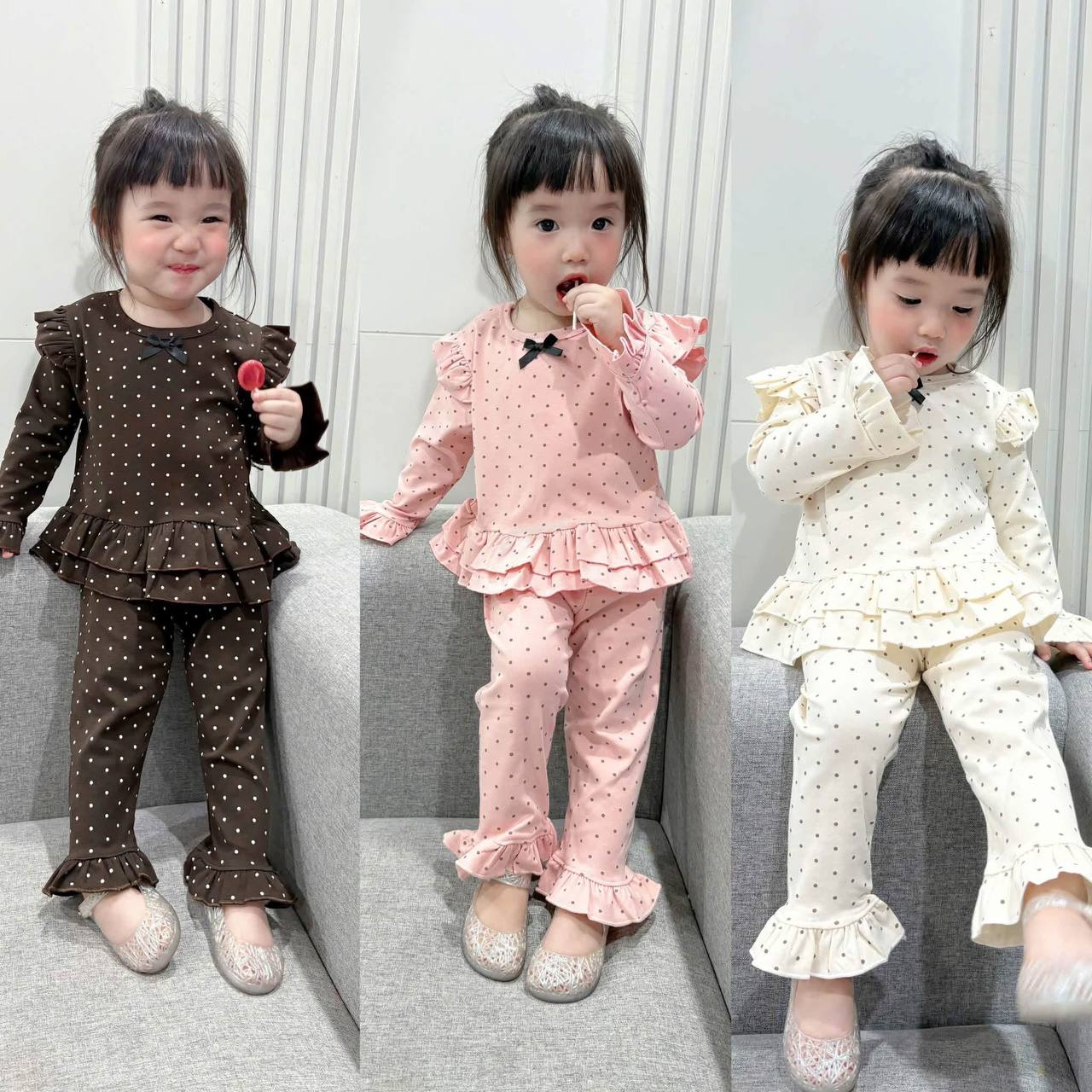 Bộ thun dài tay bèo chấm bi đính nơ xinh xắn dễ thương điệu đà thu đông cho bé gái phong cách hàn quốc