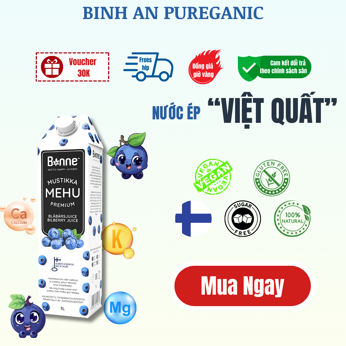 Nước Ép Việt Quất Bonne Từ Trái Cây Thật Và Nước Suối Tinh Khiết Nhập Khẩu Phần Lan Không Chất Bảo Quản Độc Hại Không Đường Hóa Học - 1 Lít