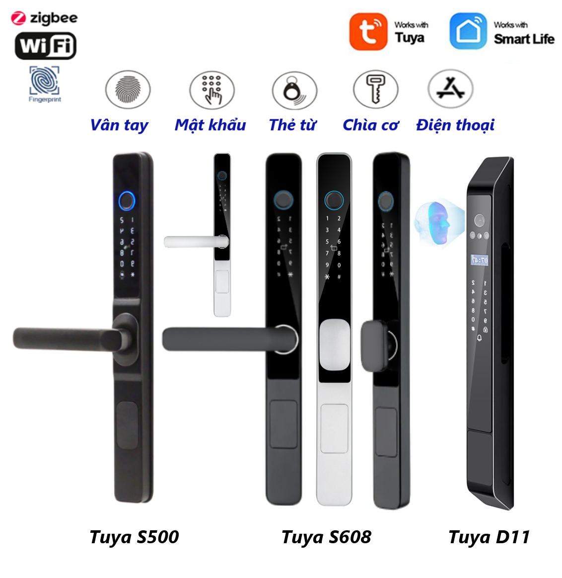 Khoá cửa Face ID vân tay / thẻ từ cao cấp Tuya wifi chuyên cho cửa nhôm kính, xingfa, cửa hẹp, cửa sắt.