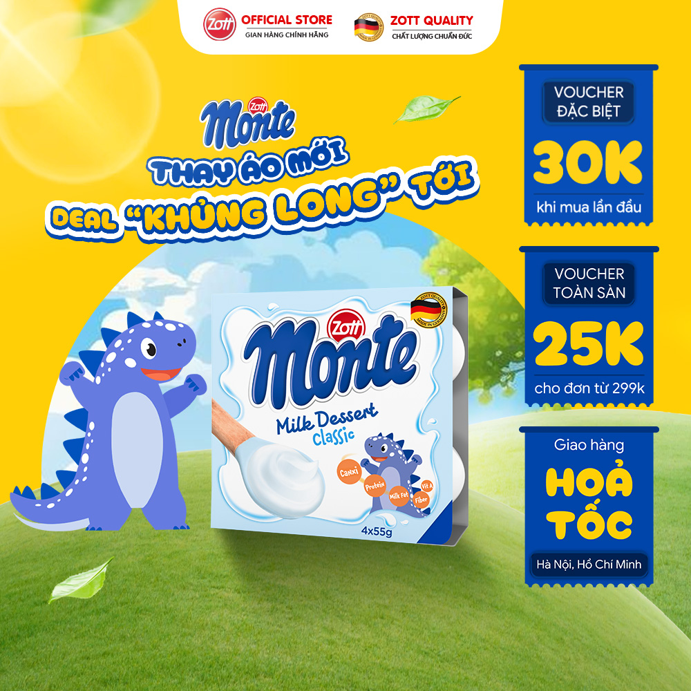 Giao Hoả tốc - Váng sữa Zott Monte vị Classic nhập khẩu từ ĐỨC (vỉ - 55g x 4 hũ) từ Sữa tươi, KHÔNG chất bảo quản