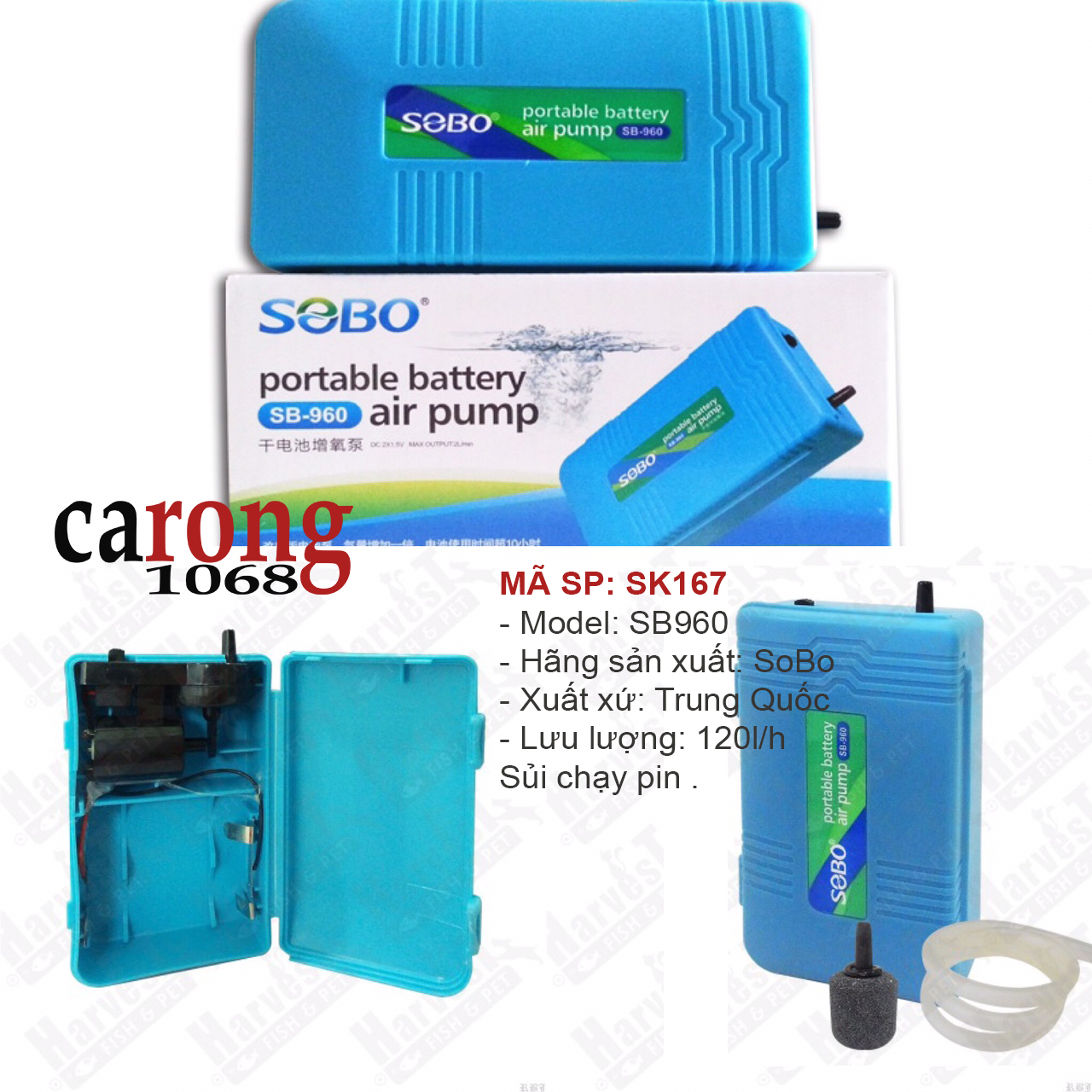 Máy bơm oxy chạy pin, máy sủi oxy mini giá rẻ, sủi khí Sobo SB-980