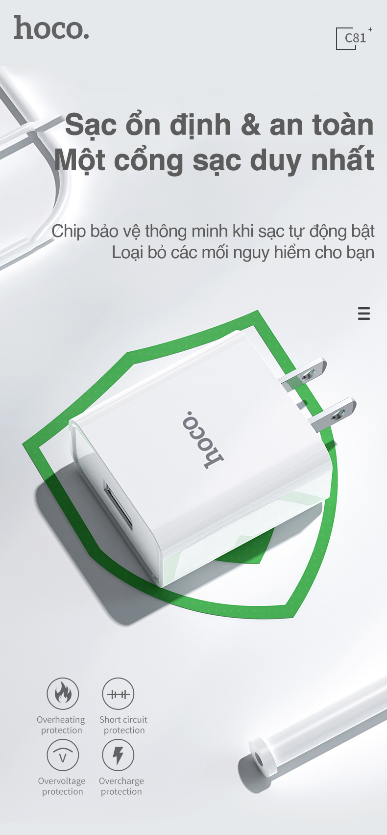 Cốc sạc Hoco C81 sạc nhanh 2.1A 1 cổng sạc USB chất liệu PVC an toàn dành cho iPhone Samsung Huawei Xiaomi Oppo