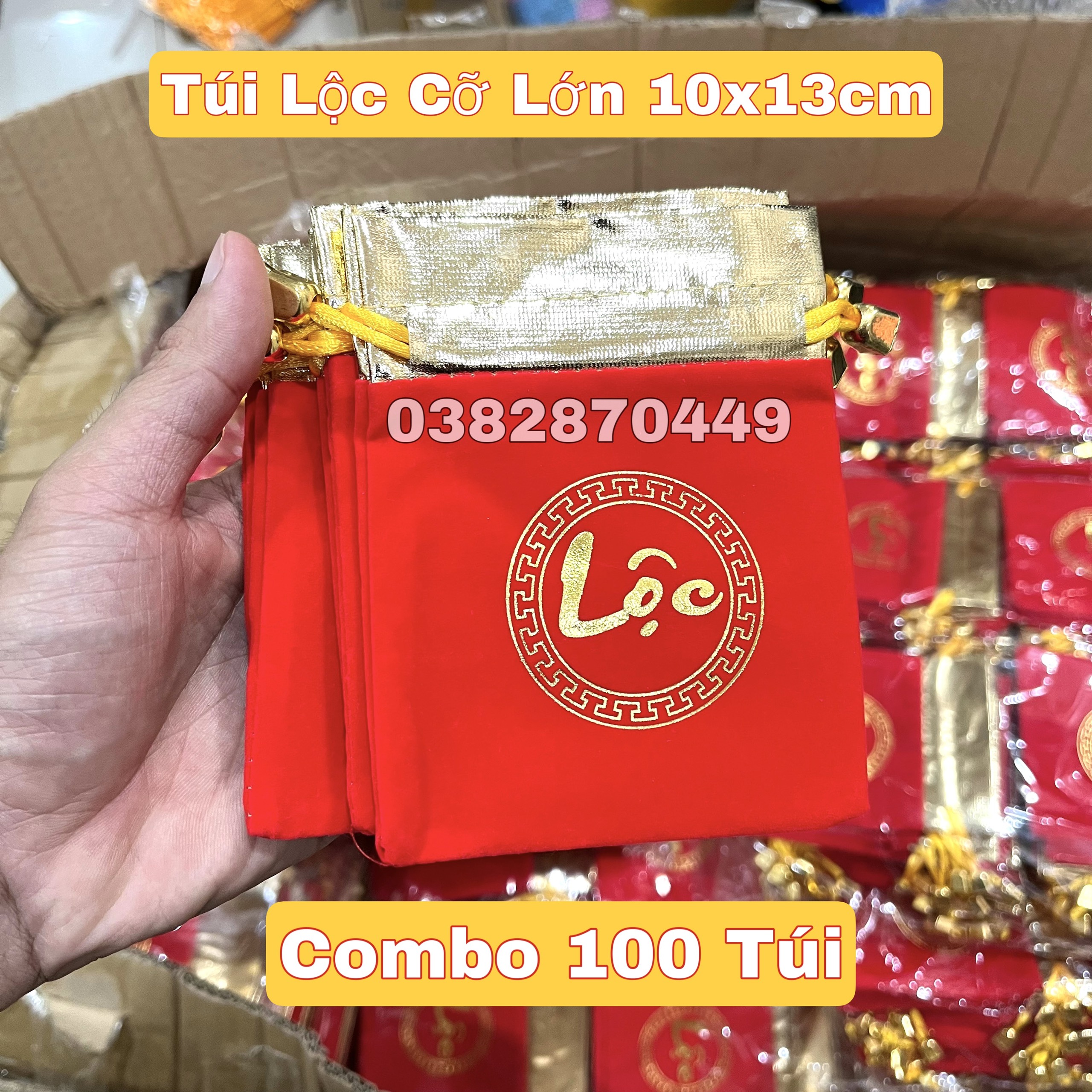 100 túi gấm nhung chữ lộc lớn 10x13cm - màu đỏ dây rút may mắn đựng đồng xu - vòng tay - phong thủy
