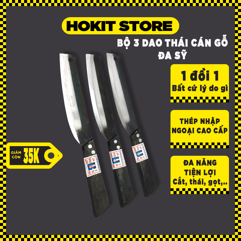 Combo 3 dao thái thịt siêu bén, cắt gọt rau củ tiện lợi, bộ dao đa sỹ cán gỗ - HokitStore