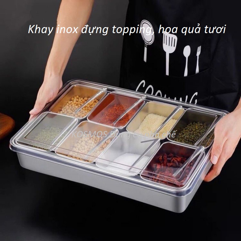 Khay inox đựng topping, hoa quả, gia vị... inox nắp mica