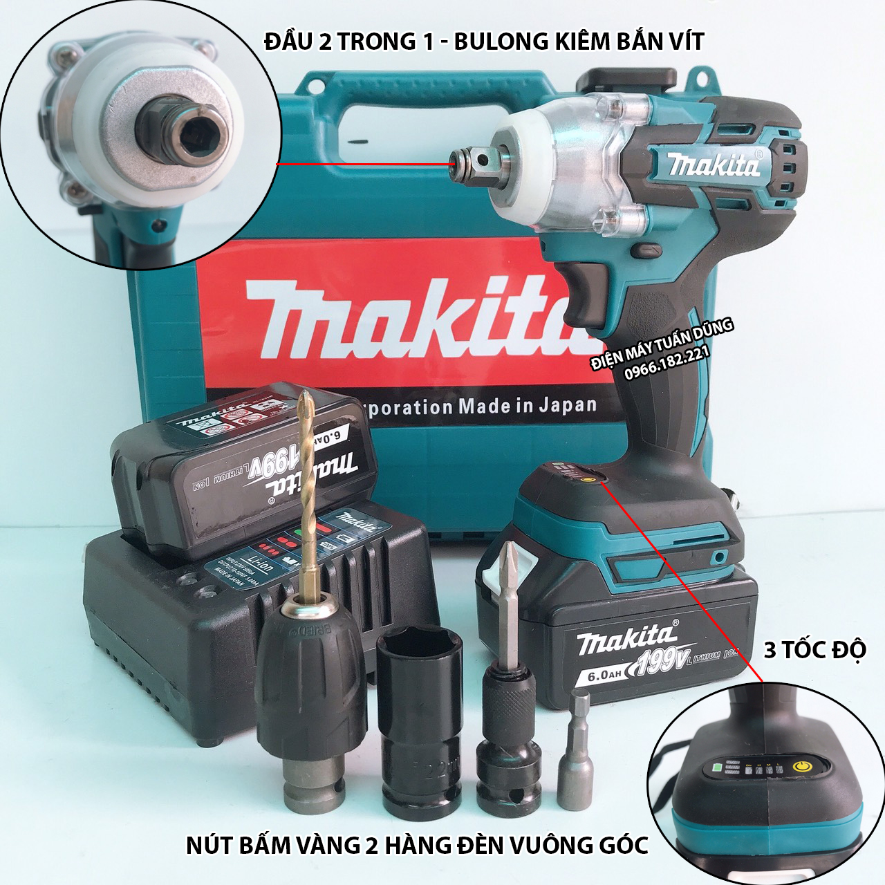 Máy siết bulong pin Makita 199V Lực siết 500Nm Động cơ KHÔNG CHỔI THAN Dụng cụ cần thiết cho gia đình