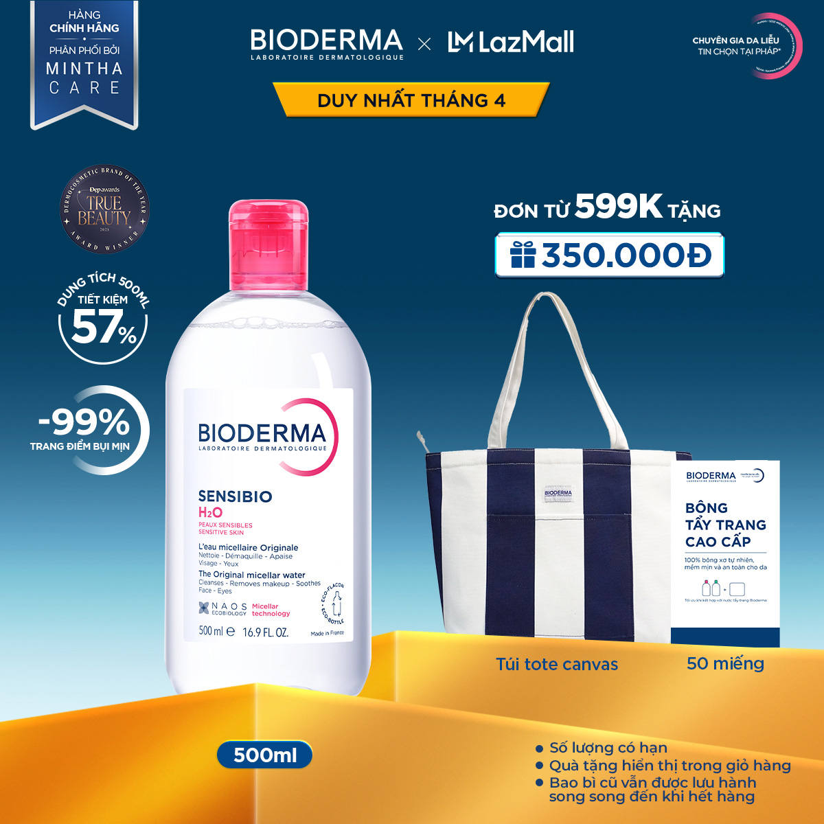 Dung dịch làm sạch và tẩy trang micellar cho da thường và da nhạy cảm Bioderma Sensibio H2O - 500ml