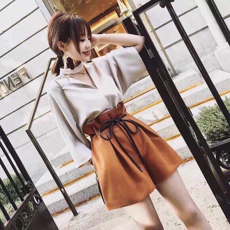 Sét áo cổ V tay lỡ phối quần ống rộng cột nơ eo duyên dáng TTS0242