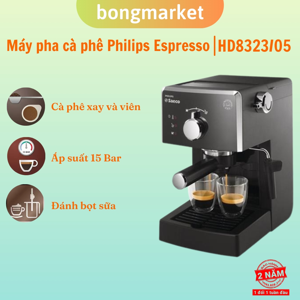 Máy pha cà phê philips espresso đánh bọt sữa hd8323/05 công suất 850w áp suất 15bar - bh 24 tháng - bongmarket