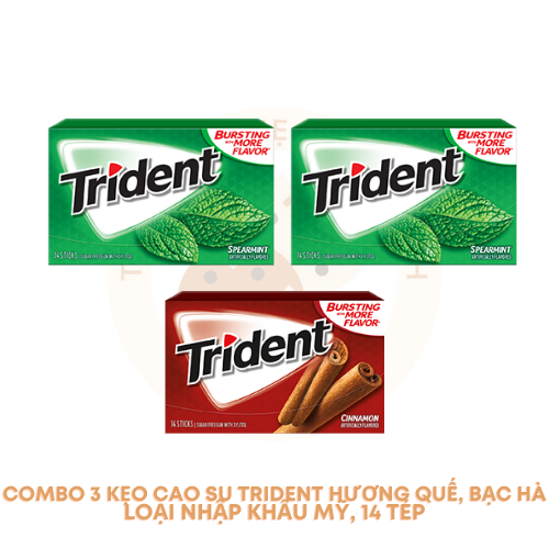 Combo 3 kẹo cao su không đường trident mỹ vị quế, bạc hà - date t6/2022