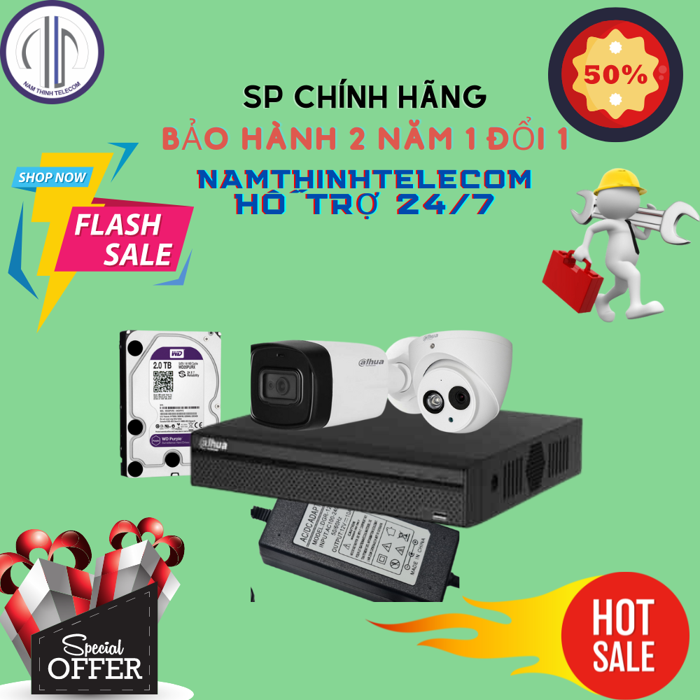 Bộ Camera DAHUA 2 3 4 mắt đến 8 mắt 2mp 5mp 4K tích hợp mic thu âm có tiếng đầy đủ phụ kiện đấu nối sẵn, chính hãng