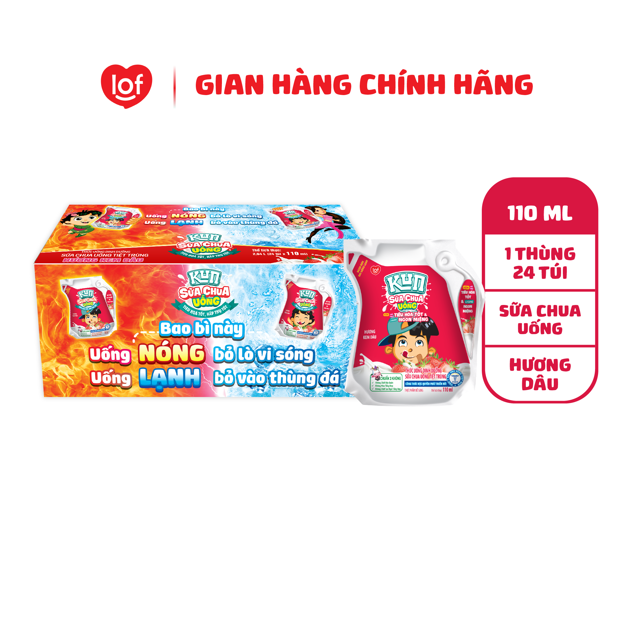 Kun sữa chua uống hương kem dâu thùng 24 túi x 110ml