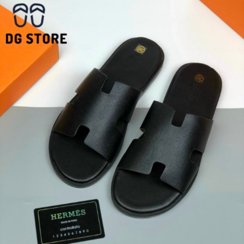 Dép lê quai ngang HM Đen quai Đen đế gỗ da thật LA fullbox