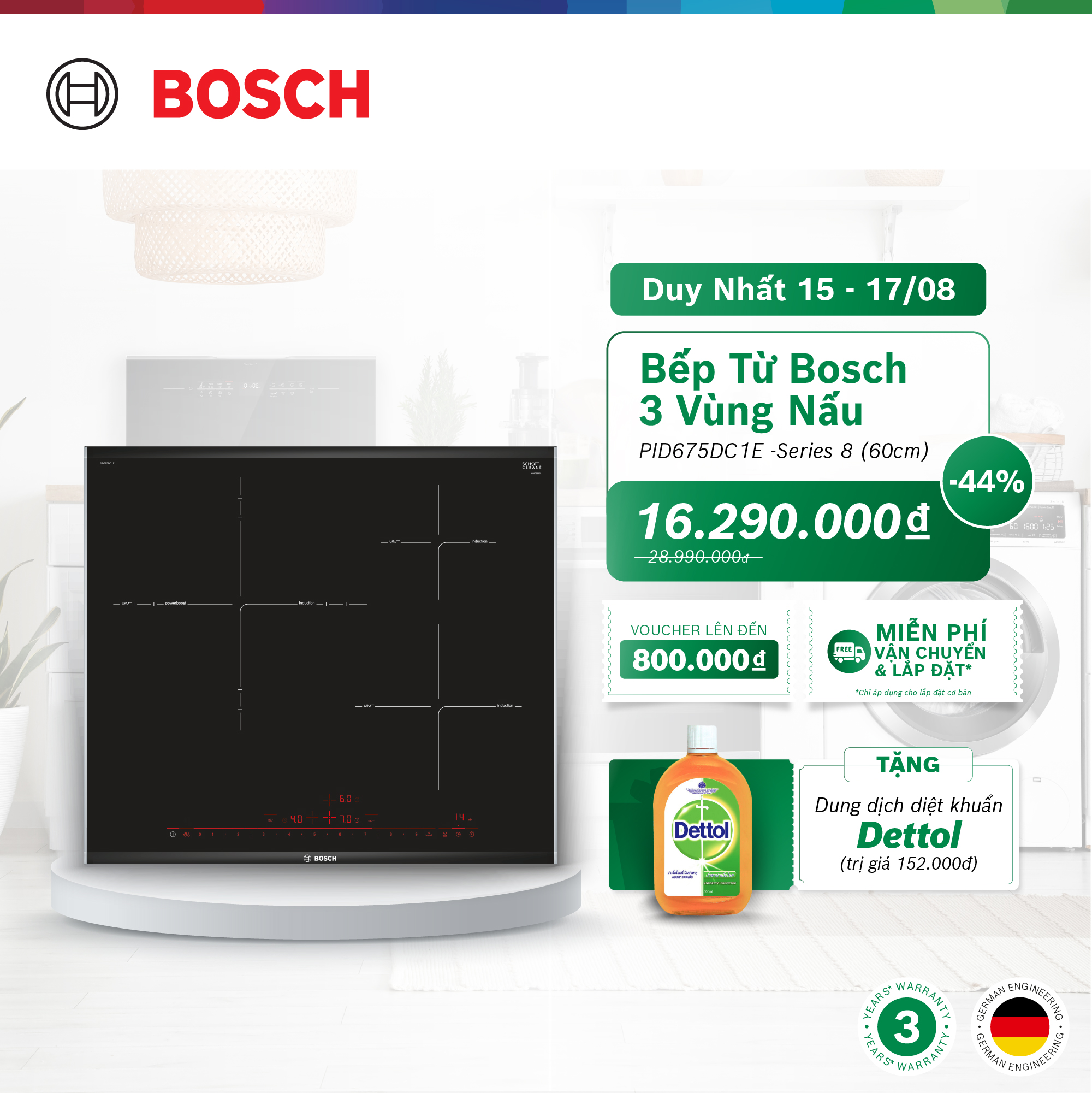 Bếp từ Bosch 3 vùng nấu PID675DC1E - Series 8 60cm - Hàng chính hãng