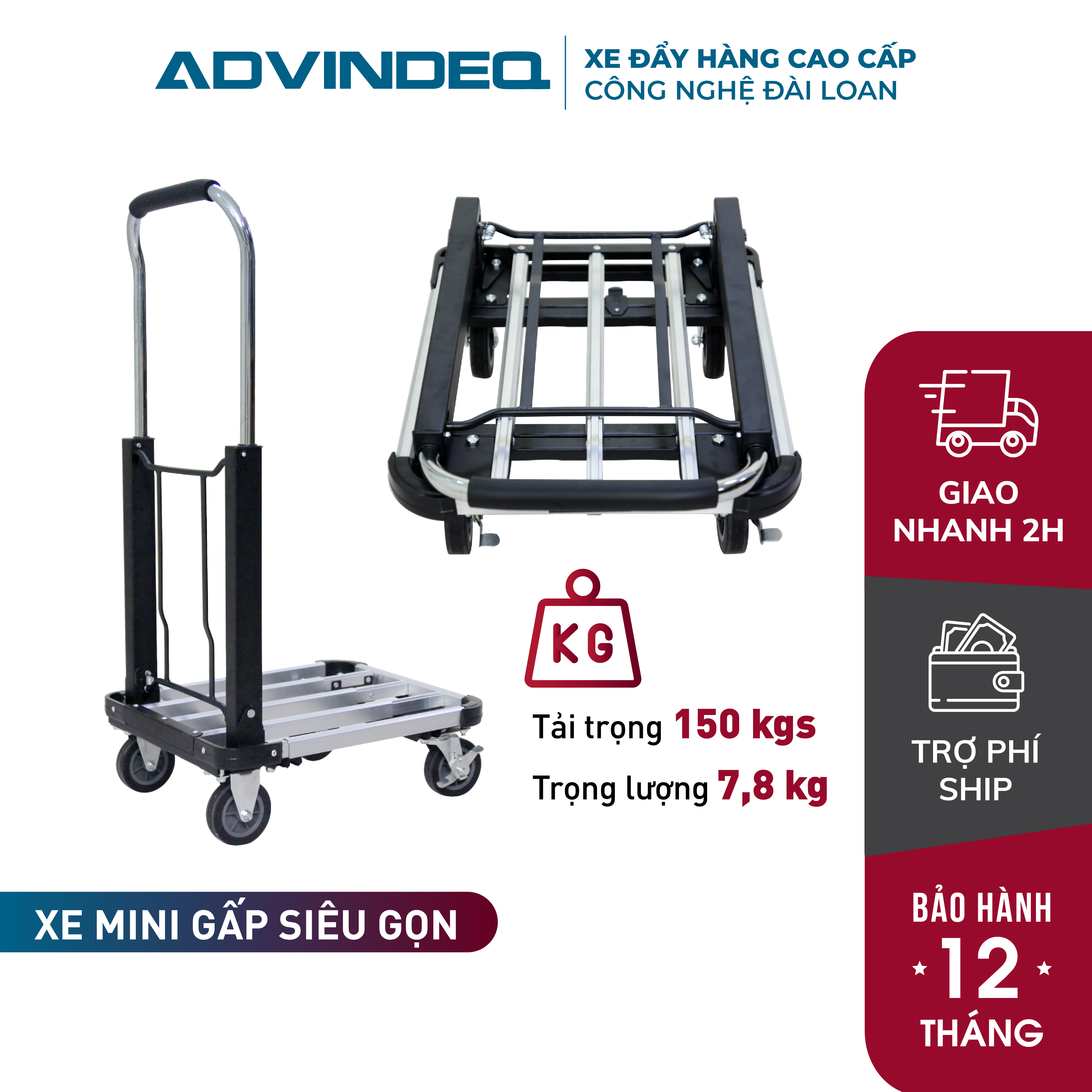 Xe đẩy hàng 4 bánh Advindeq HT-150A tải trọng chở150kg,sàn xe siêu rút gọn chở  hàng đa đăng