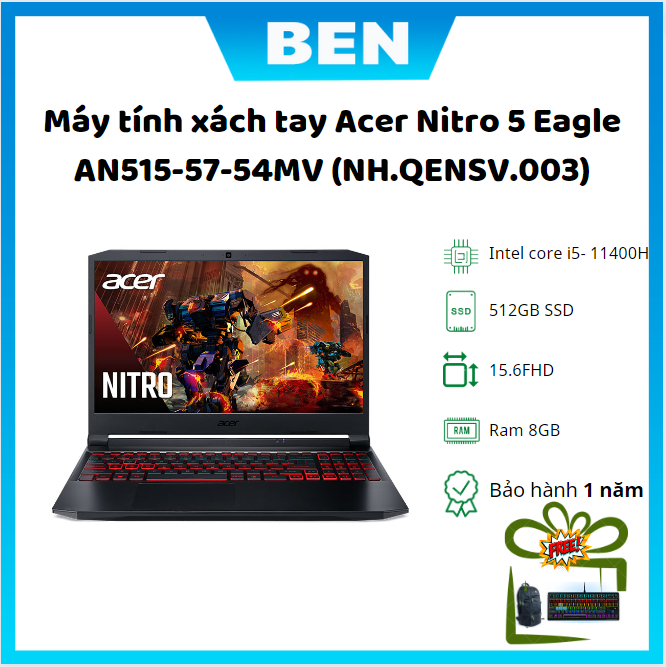 [TẶNG BÀN PHÍM] Máy tính xách tay Acer Nitro 5 Eagle AN515-57-54MV (NH.QENSV.003)/ Intel Core i5-11400H(up to 4.3Ghz, 6MB)/ RAM 8GB/ 512GB SSD/ GeForce RTX 3050 4GB/ 15.6FHD 144Hz/ 57.5Wh/ Win 11H/ 1Yr (Chiếc)
