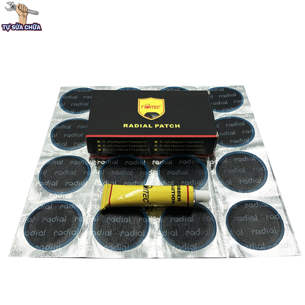 Miếng vá lốp radial hình oval Taitec kích đường kính 50mm R-50 (hộp 16 miếng vá + tuýp keo)