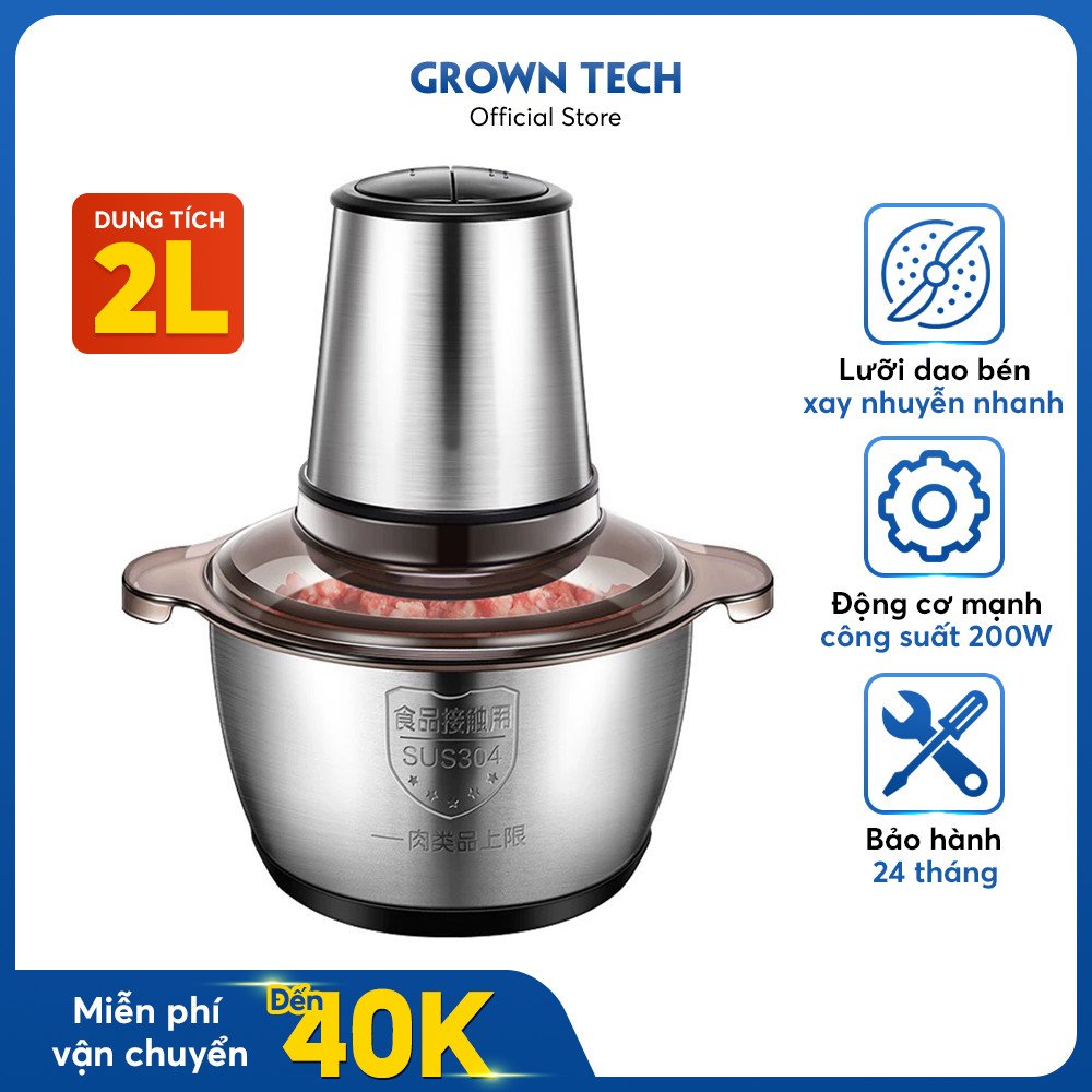 Máy Xay Thịt Đa Năng Cối Inox 304, Dung tích 2L, 4 Lưỡi dao bằng thép, Cối xay thịt GROWNTECH đời mới bảo hành 2 năm
