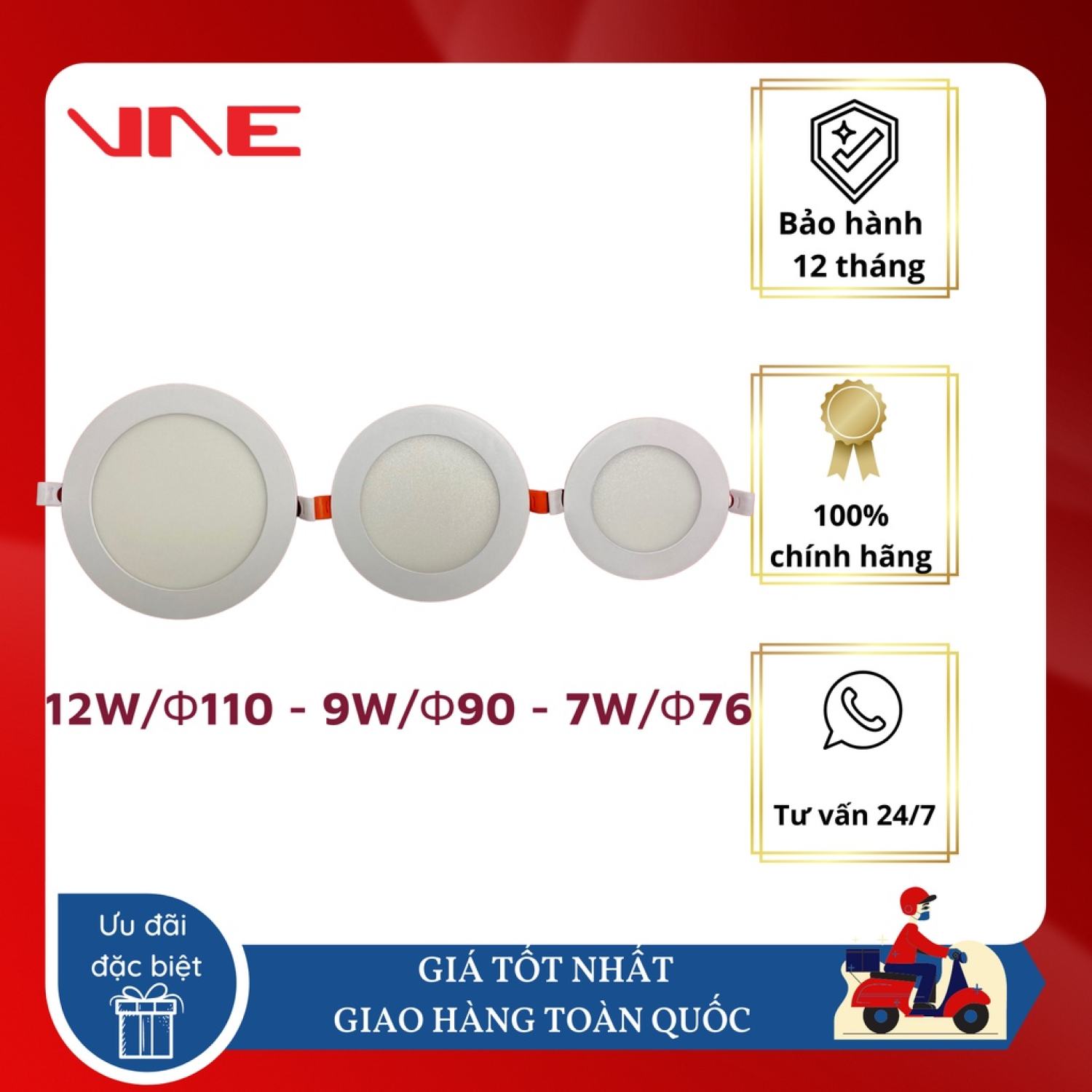 Đèn LED âm trần downlight VNE 7W 9W 12W siêu mỏng chính hãng siêu sáng tiết kiệm điện năng ánh sáng trắng vàng TT