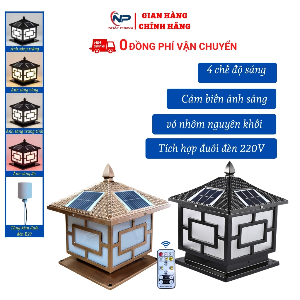 [0Đồng Vận Chuyển]Đèn năng lượng măt trời, đèn led trụ cổng ngoài trời cao cấp kích thước 25*25*30cm,30*30*38cm,40*40*41cm NHẬT PHONG SOLAR trang trí tết 2024,noel,vỏ nhôm nguyên khối,4 chế độ màu sáng, điều khiển từ xa, cảm biến ánh sáng, IP65