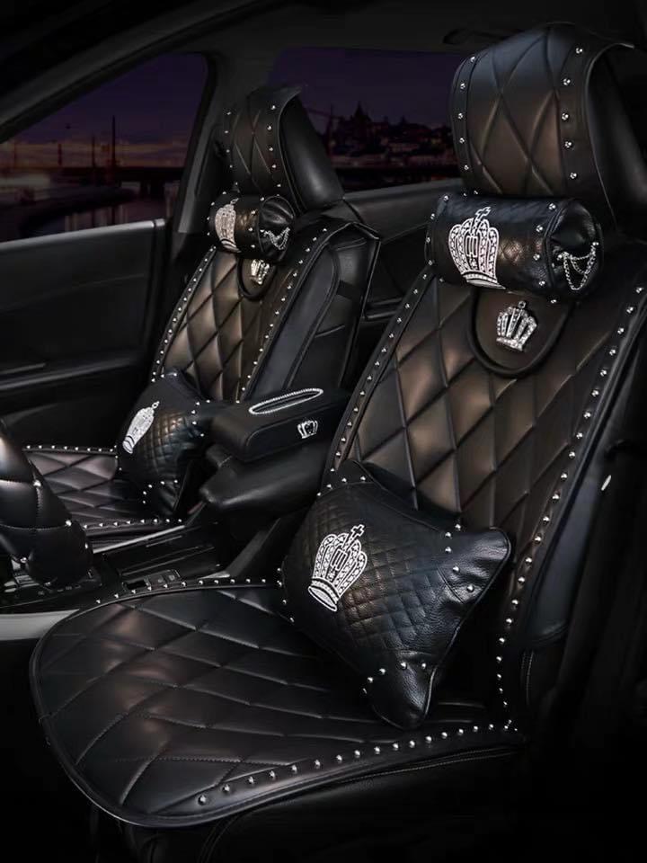 Áo ghế ô tô cao cấp Vương Miện và Thiên Nga đính đá màu Đen