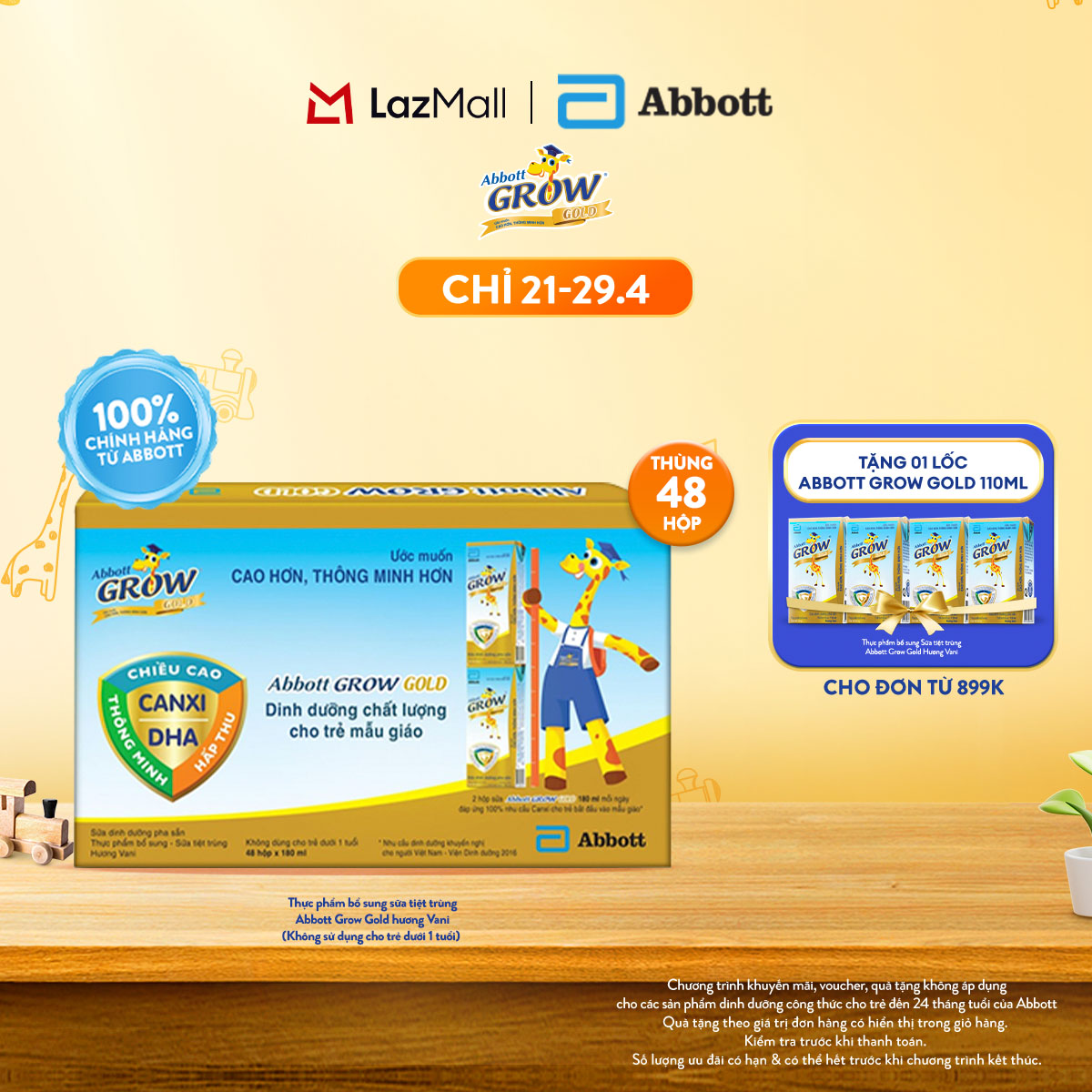 [CHỈ 21-29.04 QUÀ TẶNG CHO ĐH 899K-SLCH] Thùng 48 hộp thực phẩm bổ sung sữa tiệt trùng pha sẵn Abbott Grow Gold hương Vani 180ml cho trẻ từ 1 tuổi