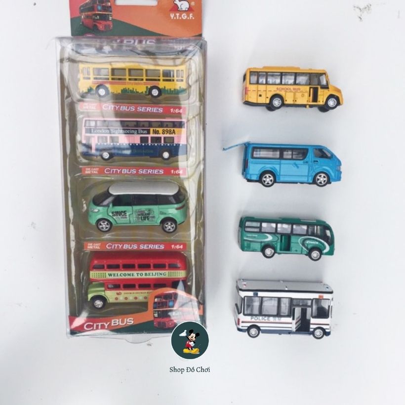 Set 4 chiếc ô tô buýt trường học bằng sắt, mở cánh, tỉ lệ 1:64, bánh đà