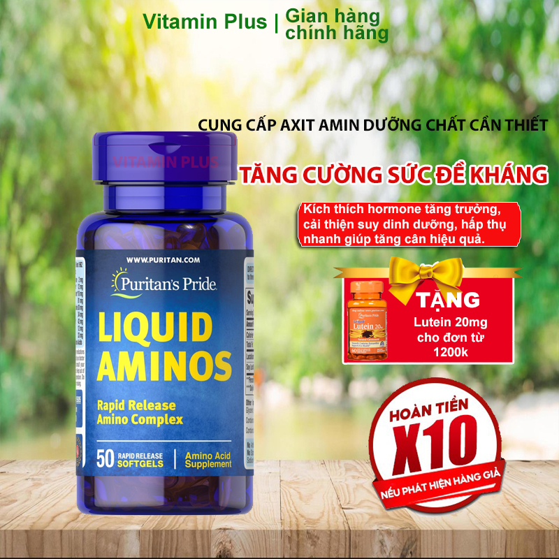 Viên uống kích thích ăn ngon, hỗ trợ tăng cơ, tăng cân Vitamin Mỹ (chứa L-Lysine, L-Arginine, L-Cysteine...) Puritan's Pride Liquid Aminos 50 viên.