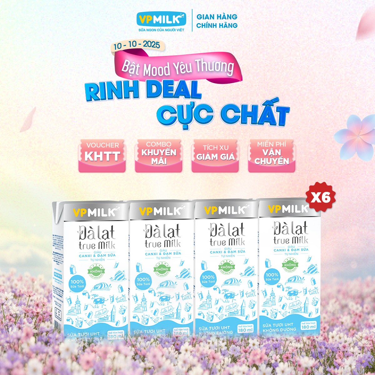 6 lốc 180ml Sữa Tươi Nguyên Chất UHT Đà Lạt True Milk Không Đường VPMilk