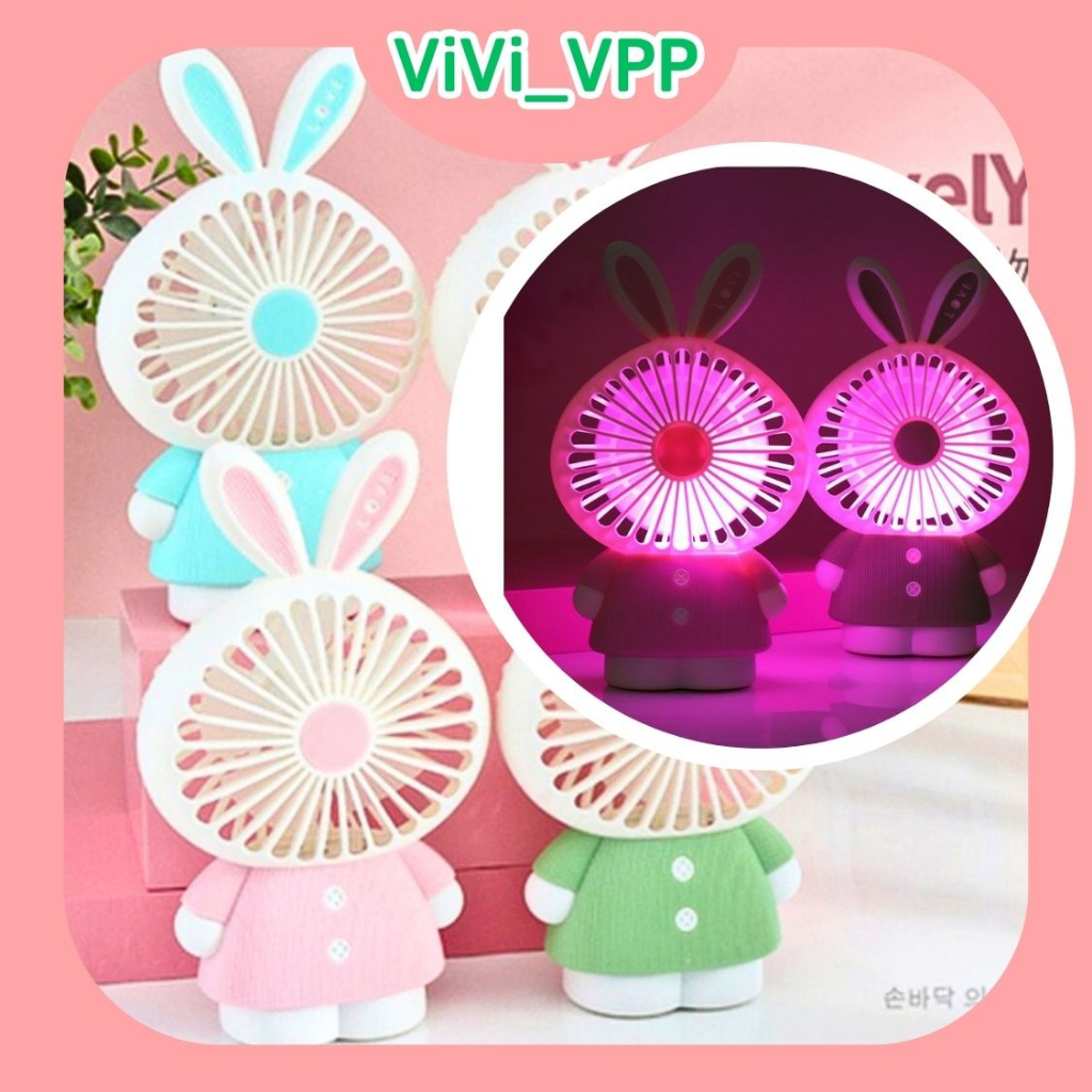 Quạt mini cầm tay để bàn có đèn hình thỏ love - Quạt sạc điện tiện lợi không dây