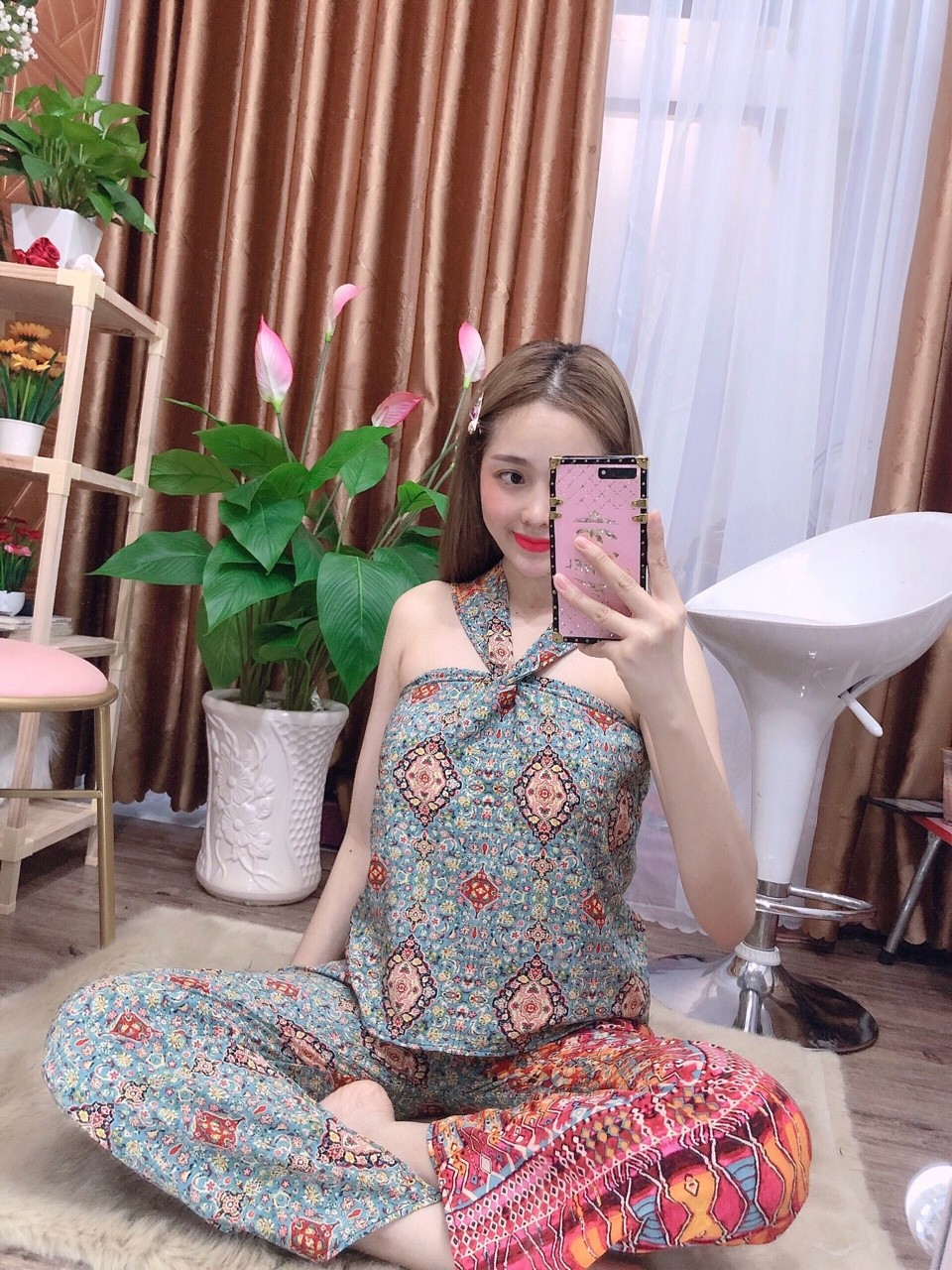 [HCM]Set bộ thổ cẩm nữ quần dài ống rộng áo cổ yếm #setbothocamcoyem