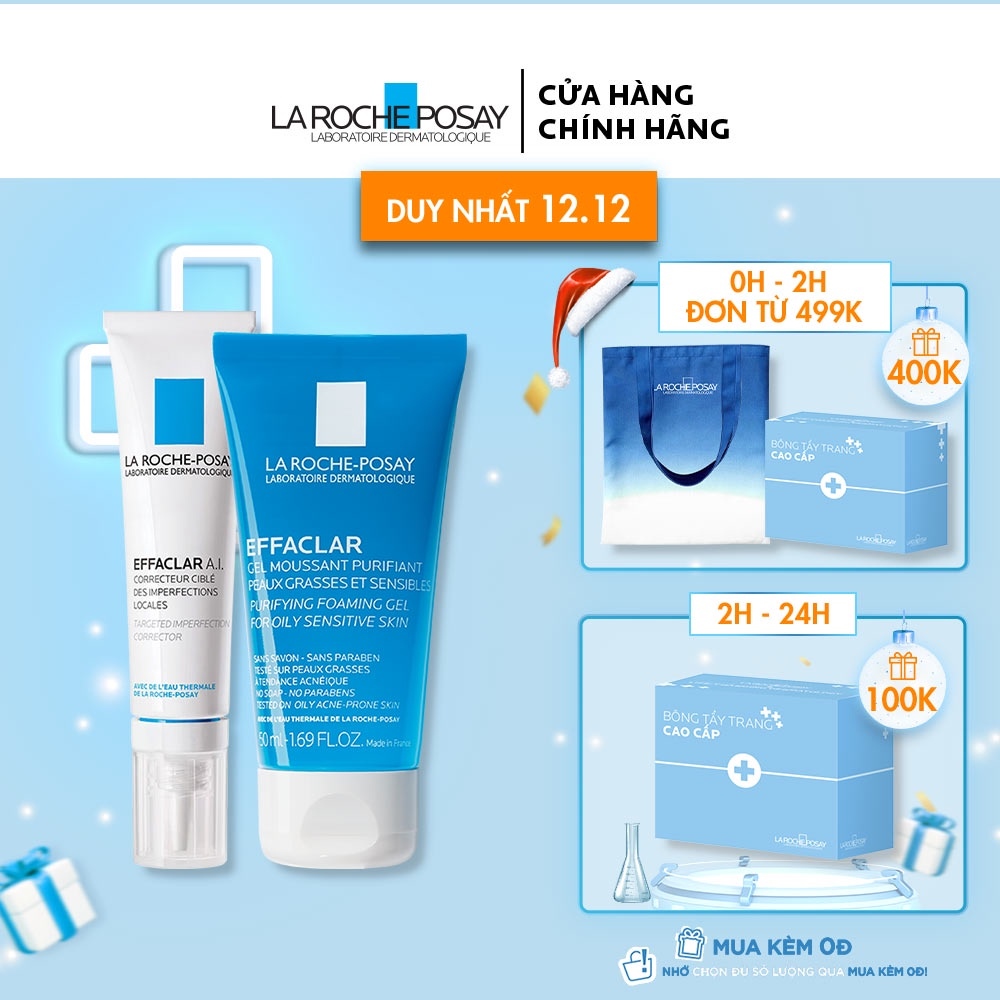 Bộ kem giảm mụn La Roche Posay A.I 15ml   Gel rửa mặt cho da dầu mụn Effaclar Gel 50ml