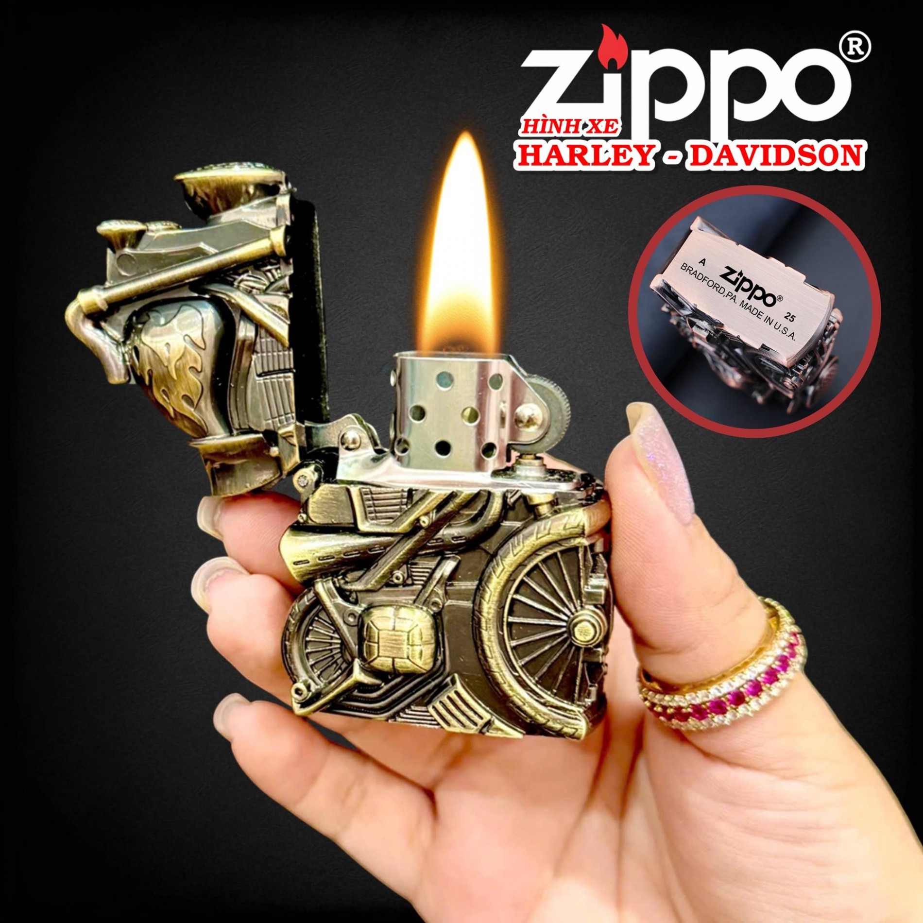  bật lửa zippo kim loại mguyên khối  hình xe HARLEY - DAVIDSON  - xài xăng 
