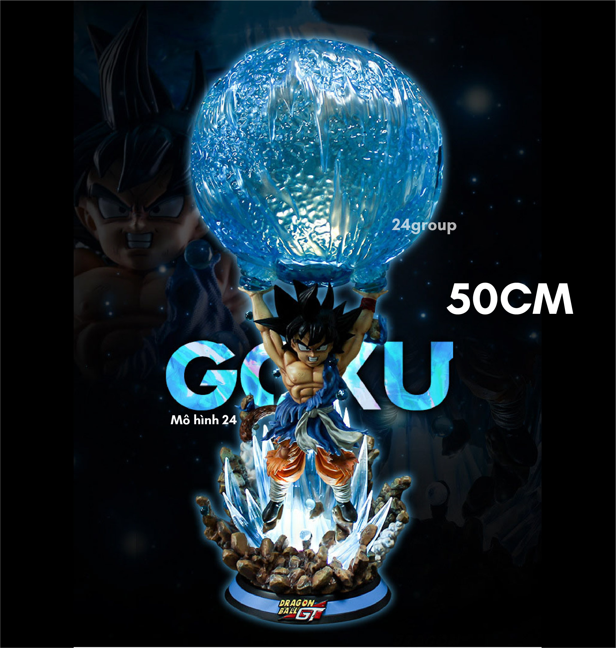 Tượng Mô hình Son Goku songoku quả cầu huỷ diệt Genki Dama spirit ball Super Saiyan Có Đèn Led Cao 47cm figure GT dragon