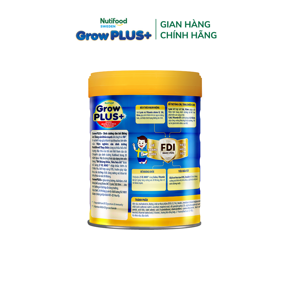 Sữa Bột Nutifood GrowPLUS+ Biếng Ăn (Xanh) 2+ - Hỗ trợ kích thích ngon miệng, tăng cân khỏe mạnh (Lon 900g)