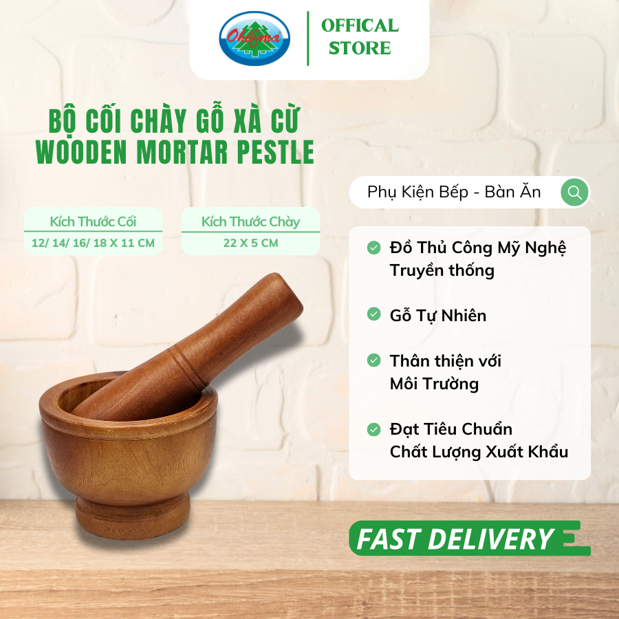 Bộ Cối Chày Gỗ Xà Cừ Tự Nhiên Ohiama Wooden Mortar Pestle | Dụng Cụ Nhà Bếp, Đồ Thủ Công Hàng VNXK