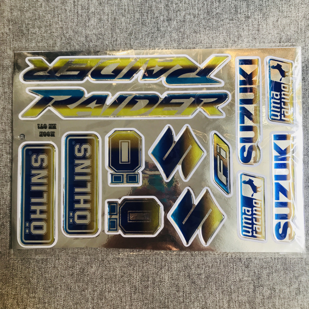 TRỌN BỘ TEM LOGO HUY HIỆU CHỮ HÃNG XE, TEM CROM BÓNG PHŨ NHỰA ÍT BAY MÀU DÁN XE MÁY (MẪU RAIDER)