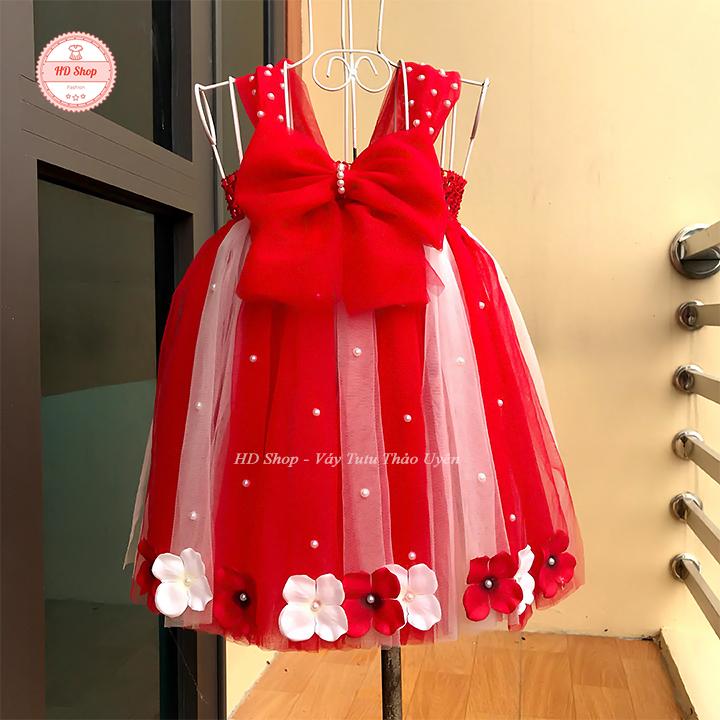 Váy tutu đỏ phối trắng nơ đính đá tú cầu cho bé từ 0 tới 8 tuổi
